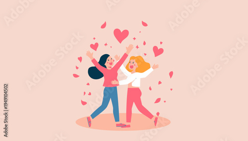 Two happy women celebrating with hearts.