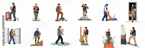 Set of flat vector illustrations depicting rescue personnel and volunteers saving dogs from various hazardous situations, showcasing animal welfare and emergency response efforts.