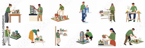 Architects and urban planners working on sustainable city models, featuring eco-friendly buildings, renewable energy sources, and green urban design projects.