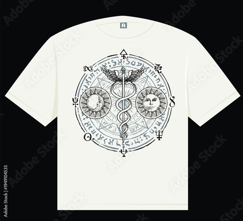 Design, concept, or idea for a printed T-shirt with Hand-drawn round vector emblem with sun, moon, esoteric symbols, alchemical signs and illegible inscription or text lorem ipsum. No ai