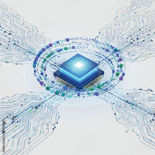 Close-up of a blue microchip with radiant light, surrounded by colorful circuit lines and dots on a white background with a technological mood.