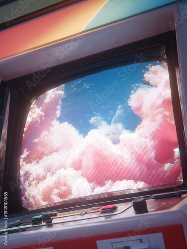 Retro Television with Sky: An old-fashioned television set displaying a dreamy, whimsical sky filled with fluffy, cotton-candy-like clouds and a brilliant blue.