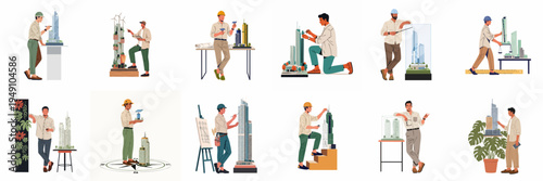 Collection of male architects and engineers designing sustainable urban skyscrapers and eco-friendly buildings using architectural models and innovative technology.