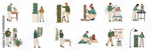 Illustration set of architects and designers working on sustainable urban projects, green building models, and vertical forest designs for eco-friendly cities.