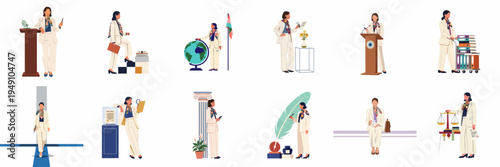 Set of illustrations depicting a professional woman in various business, legal, and diplomatic roles, showcasing leadership, career growth, and success.