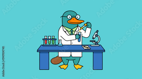 Platypus Scientist Working in Laboratory with Test Tubes and Microscope.