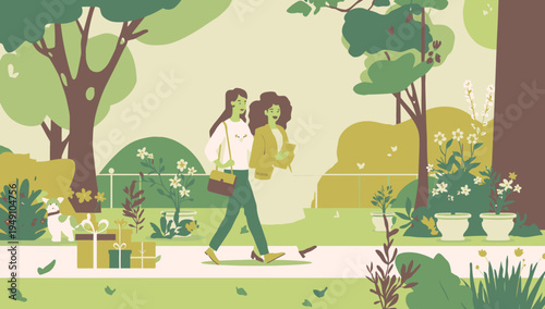 People walking in a park with trees and flowers.