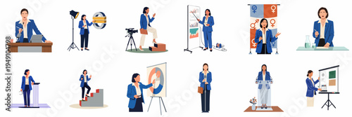 Set of professional women in leadership roles, giving presentations, speaking at conferences, and achieving career success in a flat vector illustration style.