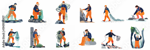 Set of flat vector illustrations of commercial fishers, men and women, working with nets and marine equipment in coastal settings.