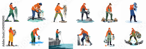 Vector illustration set of people cleaning up ocean pollution, collecting plastic waste and ghost nets in protective gear.
