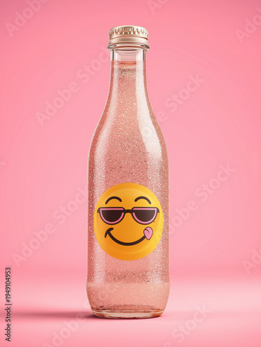 Refreshing Sparkle: A whimsical glass bottle, adorned with a cool emoji, exudes refreshing bubbles against a vibrant backdrop.