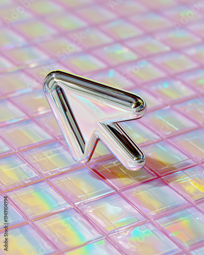 Digital Pointer on Colorful Tiles: A gleaming, chrome-like digital pointer gracefully rests upon a vibrant surface, inviting interaction and symbolizing the intersection of design and technology.