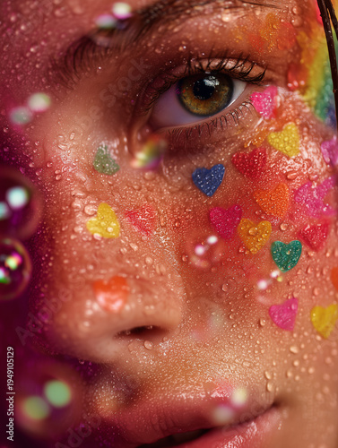 Vivid Expression: Close-up on a person's face adorned with colorful heart stickers, capturing a moment of pure emotion and creative flair.