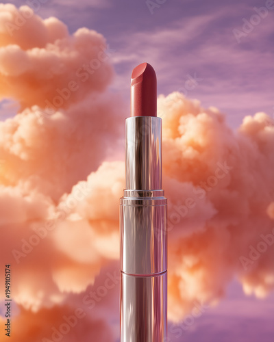 Lipstick in the Clouds: A close-up shot of a vibrant lipstick against a backdrop of dreamy clouds, evoking feelings of beauty and elegance.
