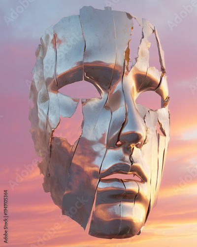 Shattered Mask and Sunset Sky: A cracked and fragmented mask, reflecting the fiery hues of a sunset sky, symbolizes transformation and the unveiling of inner truth.