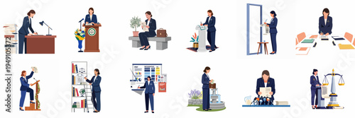 Collection of vector illustrations featuring a professional woman in legal and government roles, showcasing leadership, public speaking, research, and administrative tasks.