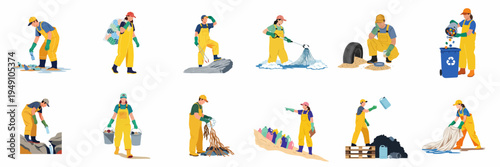 Flat illustration set of environmental activists in yellow overalls cleaning up plastic pollution, ocean waste, and trash from coastal areas.