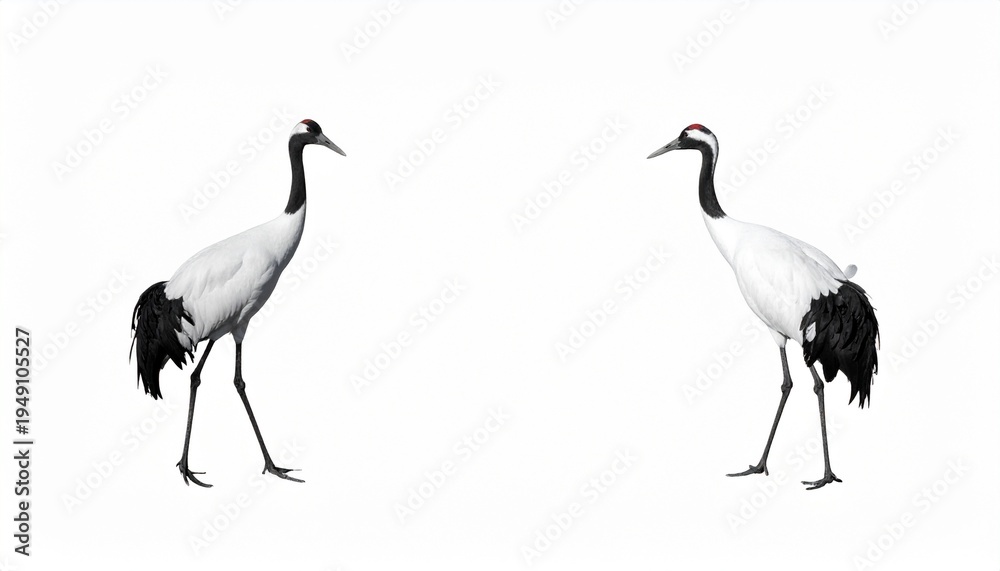 Obraz premium Pair of cranes walking in opposite directions on white background