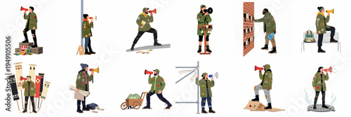 Diverse collection of young activists in olive jackets holding megaphones and protesting, vector illustration set.