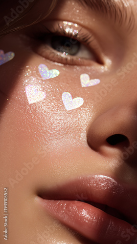 Embracing Radiance and Affection: A close-up shot of a person's eye, with shimmering heart-shaped accents on the face, beautifully illuminated by gentle sunlight.