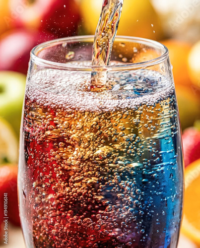 Sparkling soft drink being poured into a glass with vibrant colorful bubbles. generative AI