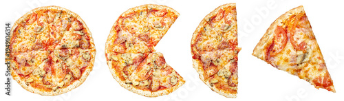 A horizontal row featuring a whole pizza, a pizza with a missing segment, a half pizza, and a single triangular slice. 