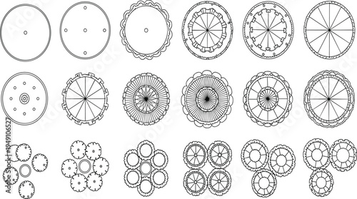 Collection of black and white circular landscape design symbols and top view tree plan icons for architectural mapping and garden site planning illustrations