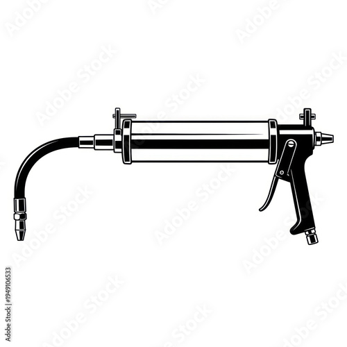 Industrial caulking gun tool with trigger and nozzle illustration.