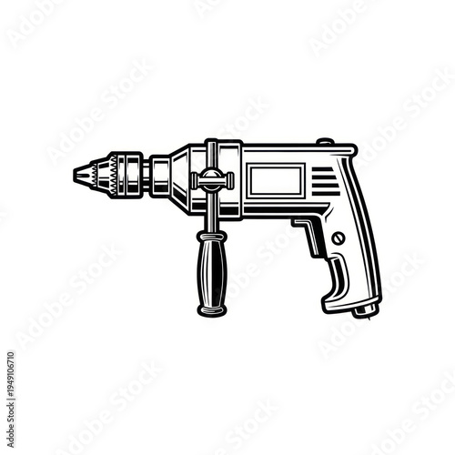 Black and white illustration of a power drill used for construction and woodworking projects.