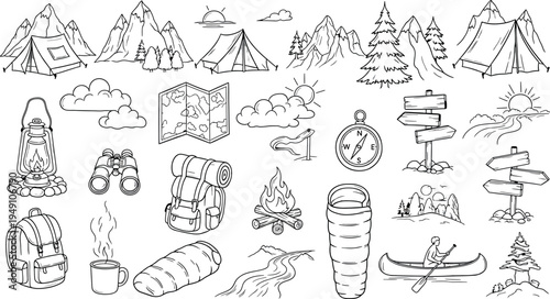 A collection of camping and outdoor icons isolated on transparent background