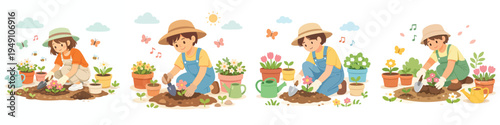 Vector of a person planting flowers using a shovel. Vector, flat, illustration, minimalist, icon, icon set