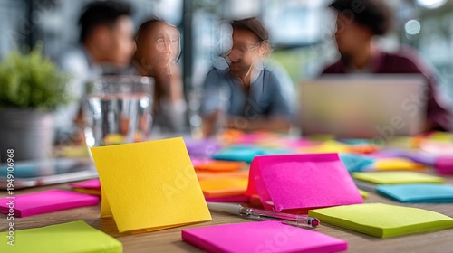 Brainstorm Session: A colorful array of sticky notes adorns a conference table as a collaborative team huddles together in a moment of creative ideation and planning.