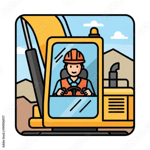 Construction excavator operator inside a yellow heavy equipment cab at a busy worksite.