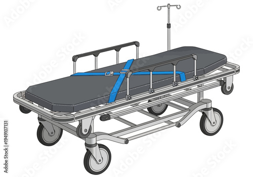 Hospital gurney with safety straps.