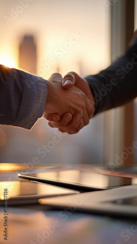 Business handshake sealing a professional agreement in modern office.