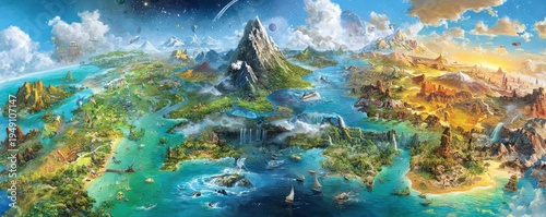 Wallpaper Mural A vibrant, illustrated world map showcasing diverse landscapes, including mountains, oceans, and cities, filled with imaginative elements and adventure themes. Torontodigital.ca