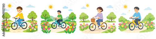 Vector of a person cycling on a park path. Spring theme. Vector, flat, illustration, minimalist, icon, icon set