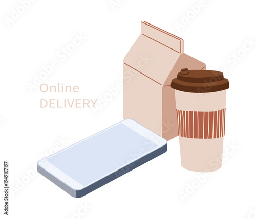Online delivery. Vector isometric illustration. Phone mockup and cardboard takeaway cup and cardboard food box for food delivery apps, restaurant marketing, tech startups, courier services, packaging