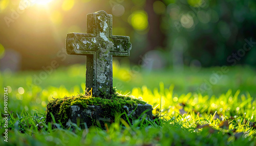 Old weathered tombstone with stone Christian cross, standing on green grass. Faith, religion and Christianity, remembrance, historical cemetery