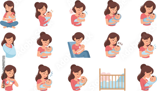 Mother Caring for Newborn Baby Daily Activities Vector Illustration Set Featuring Breastfeeding Holding Sleeping Swaddling Feeding and Loving Parenting Moments