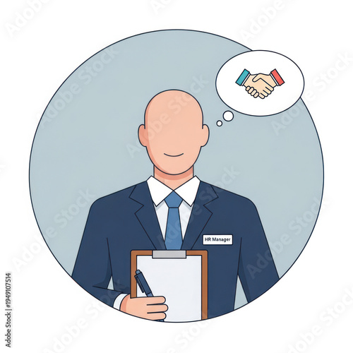 Professional cartoon figure in a suit holding a clipboard with a thinking bubble.