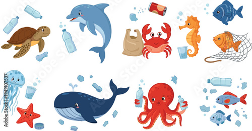 Ocean Animals and Plastic Pollution Awareness Vector Illustration Set Featuring Dolphin Turtle Crab Octopus Whale Fish and Marine Life with Trash