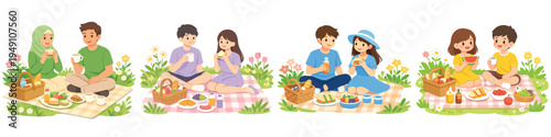 Vector of a couple having a picnic. Spring theme. Vector, flat, illustration, minimalist, icon, icon set