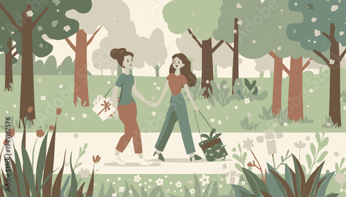 Two women walking in a park.