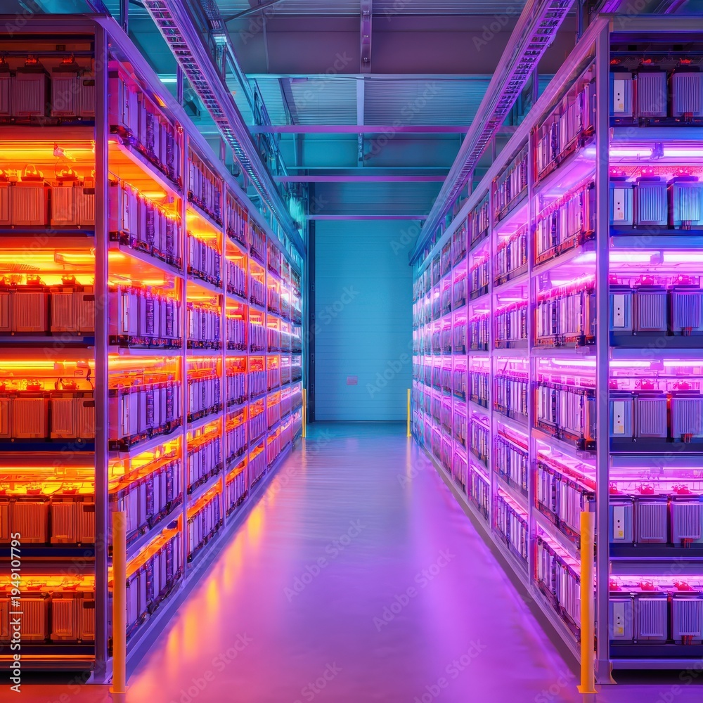 Obraz premium A brightly lit data center with rows of battery storage units, showcasing a blend of orange and purple lighting in a modern industrial setting.