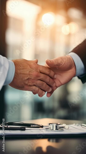 Close-up of two business professionals shaking hands in office environment.