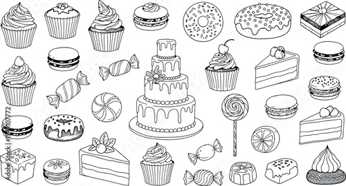 Collection of assorted cakes and desserts isolated on transparent background