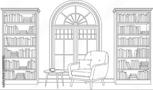 Line of a cozy reading nook with bookshelves and a chair line bookshelves table