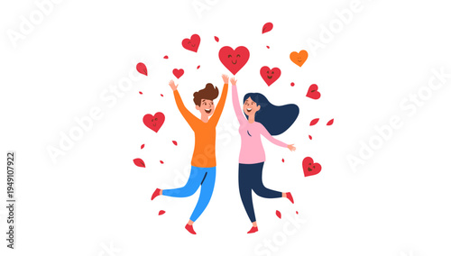 Happy couple celebrating love with hearts.