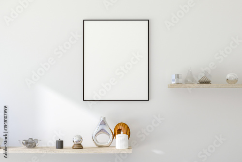 3D Render of Vertical Thin Black Frame on Light Wall in Modern Interior